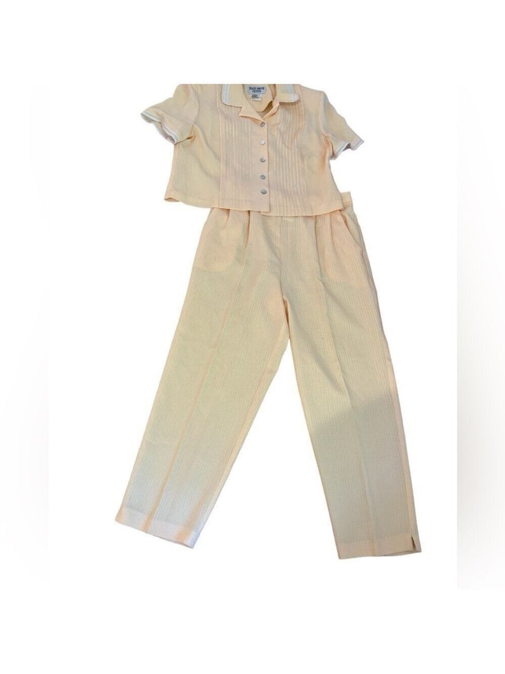 90s 2 PC SUNSHINE YELLOW TEXTURED FABRIC CROPPED POLO TOP & PANT PLAZA SOUTH 12P - Picture 4 of 15